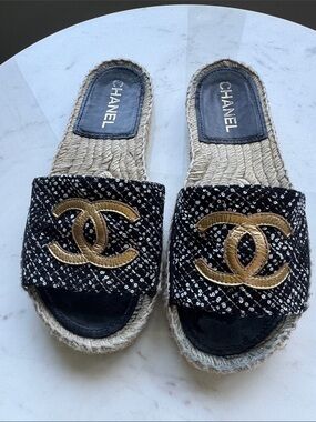 CHANEL Black Slides Espadrilles with Gold CC Logo